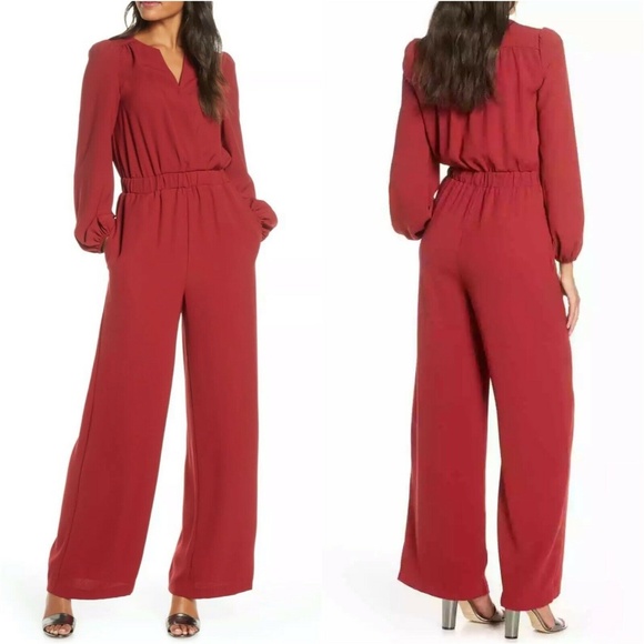 Eliza J Pants - Eliza J Red V Neck Long Sleeve Jumpsuit